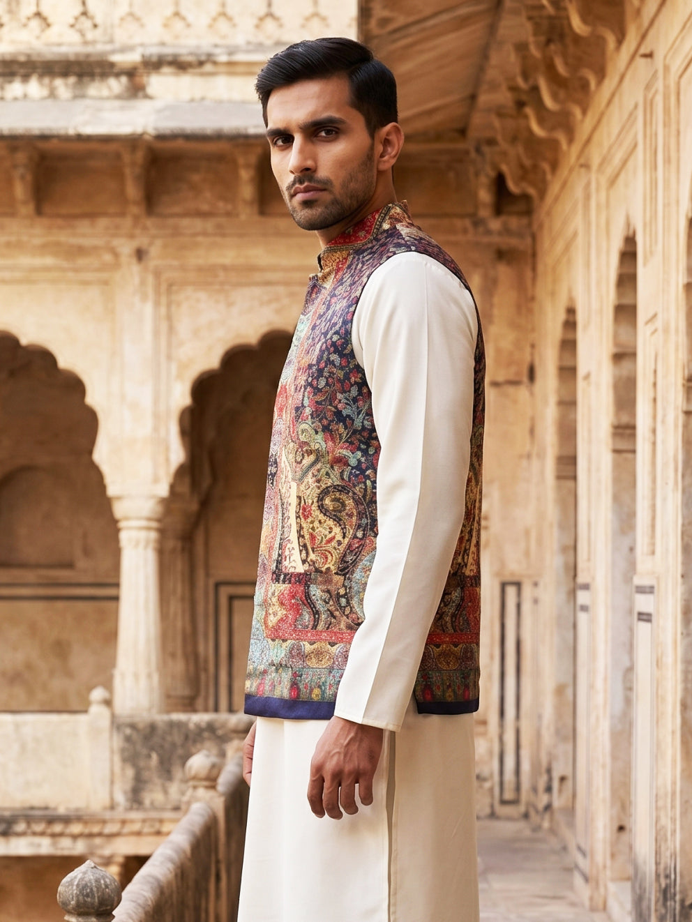DesiQlo Men Printed Nehru Jacket and Kurta Pyjama Set - - JOWC_4108Nav