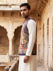 Printed Velvet Nehru Jacket ( JOWC 4108Navy )