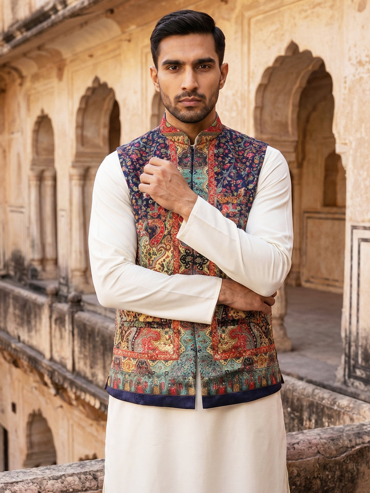 DesiQlo Men Printed Nehru Jacket and Kurta Pyjama Set - - JOWC_4108Nav