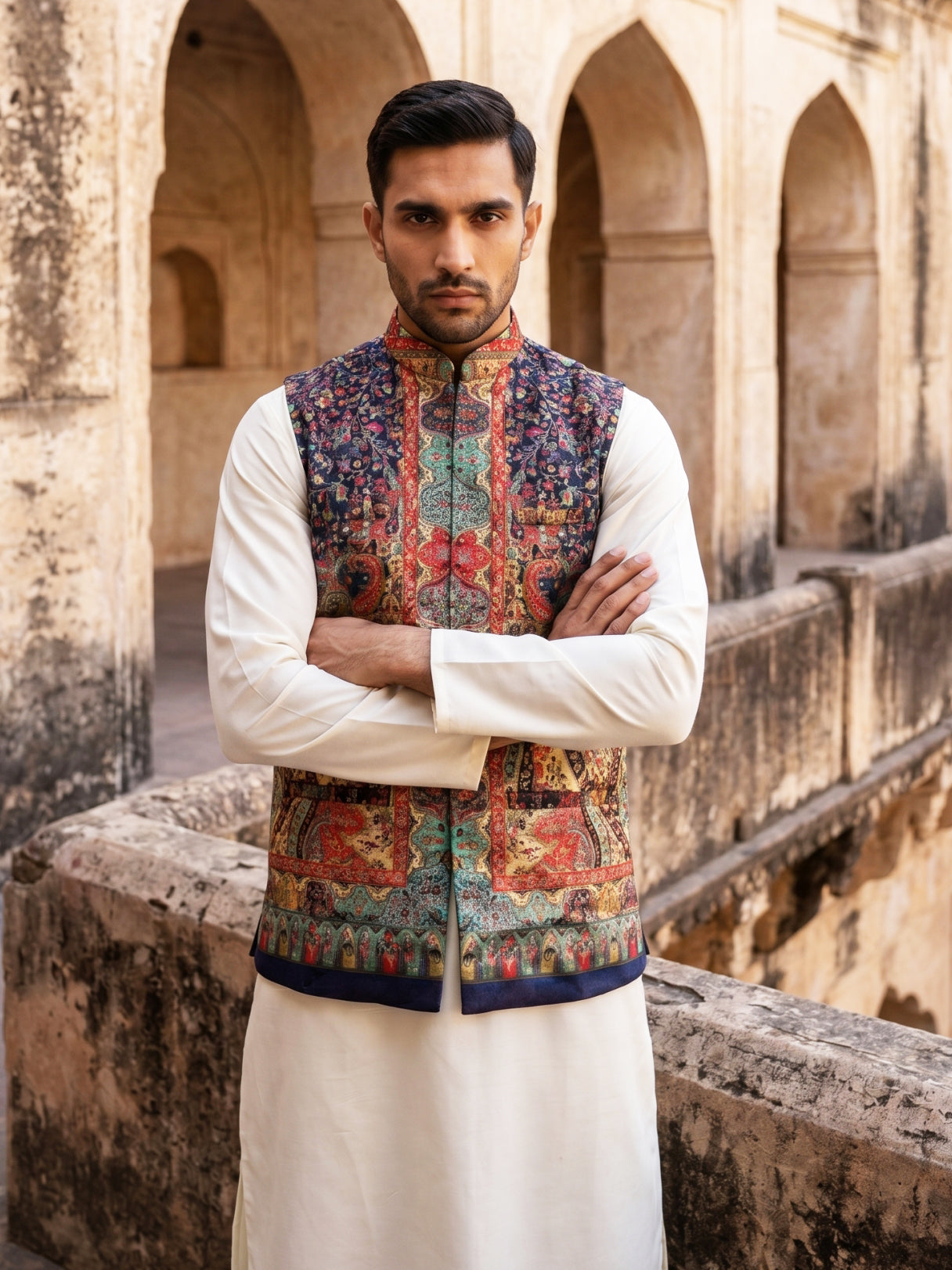 DesiQlo Men Printed Nehru Jacket and Kurta Pyjama Set - - JOWC_4108Nav