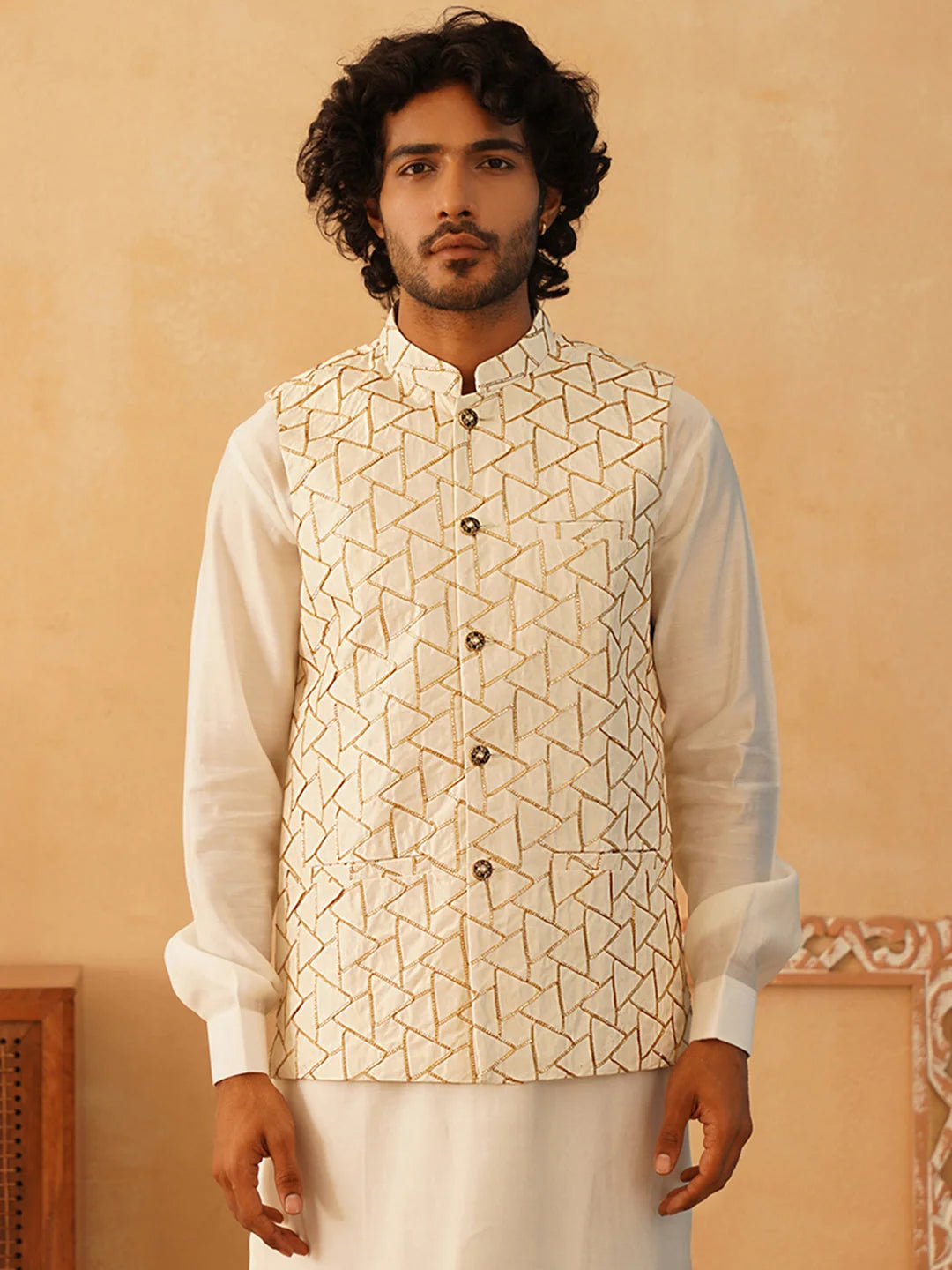 Cream Embroidered Silk Blend Nehru Jacket | Modi Jacket