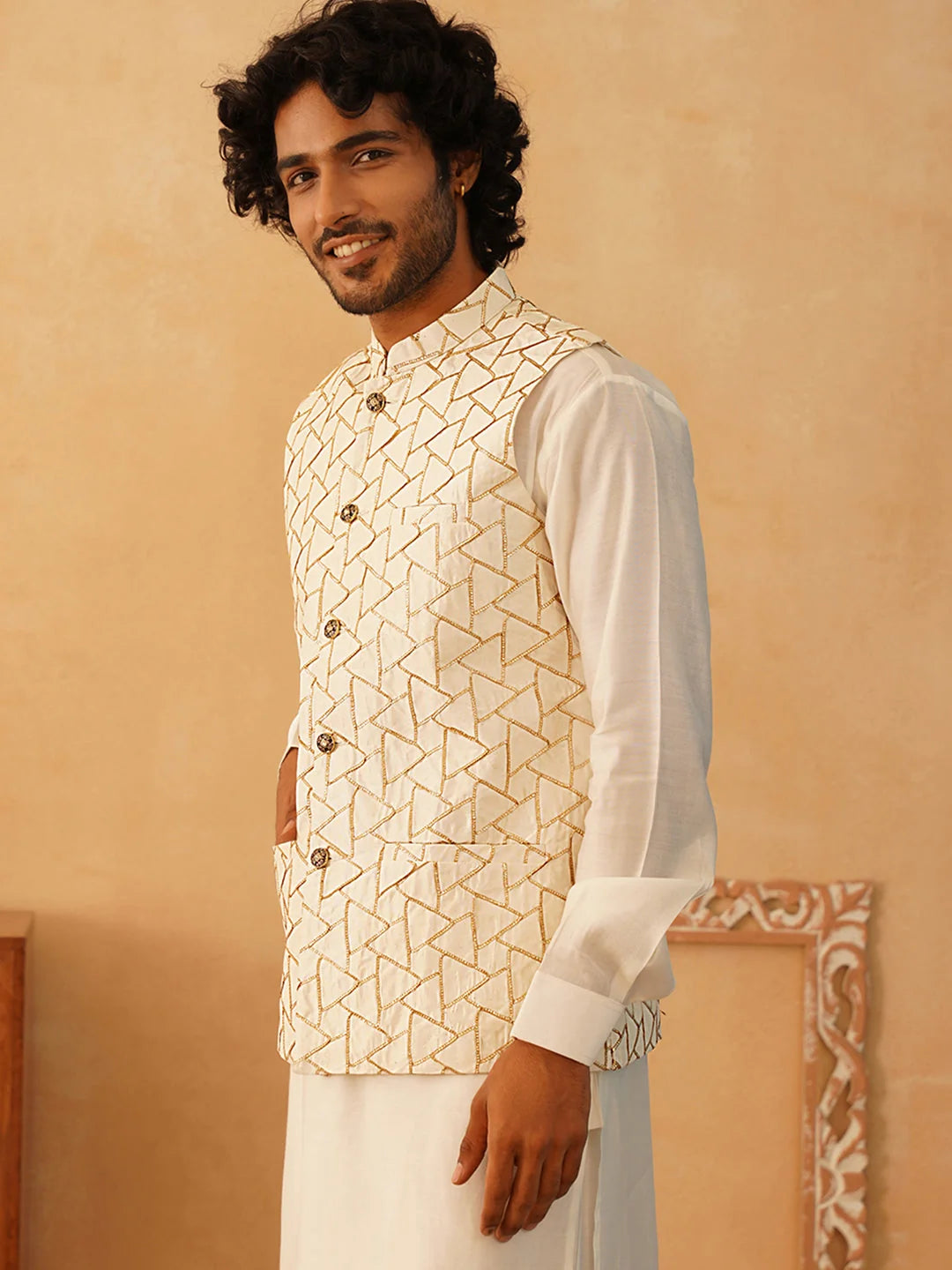 Cream Embroidered Silk Blend Nehru Jacket | Modi Jacket