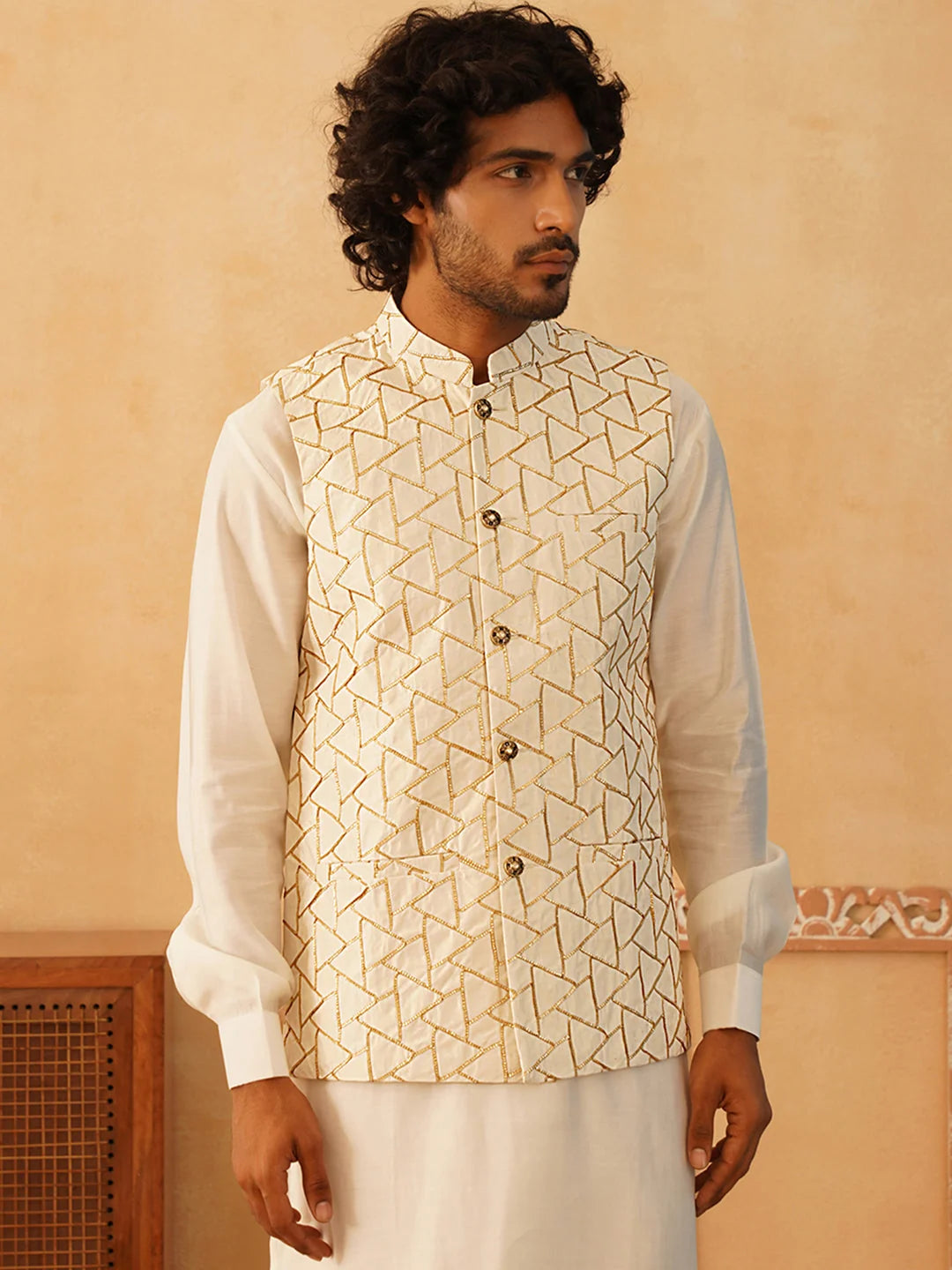 Cream Embroidered Silk Blend Nehru Jacket | Modi Jacket