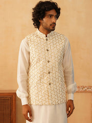 Embroidered Silk Blend Nehru Jacket-JOWC-4109Cream
