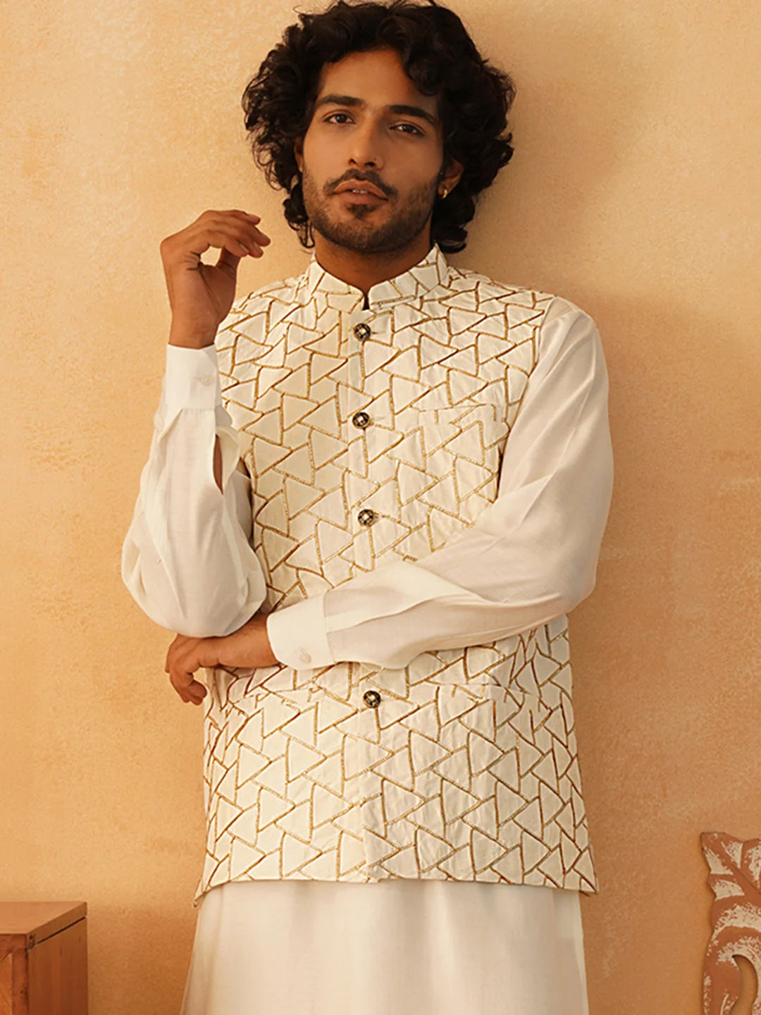 Cream Embroidered Silk Blend Nehru Jacket | Modi Jacket