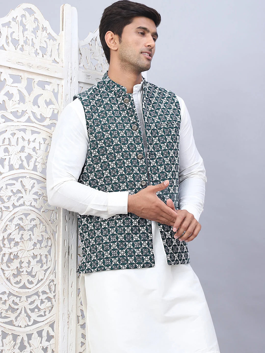 Olive Embroidered Cotton Nehru Jacket | Men's Ethnic Wear