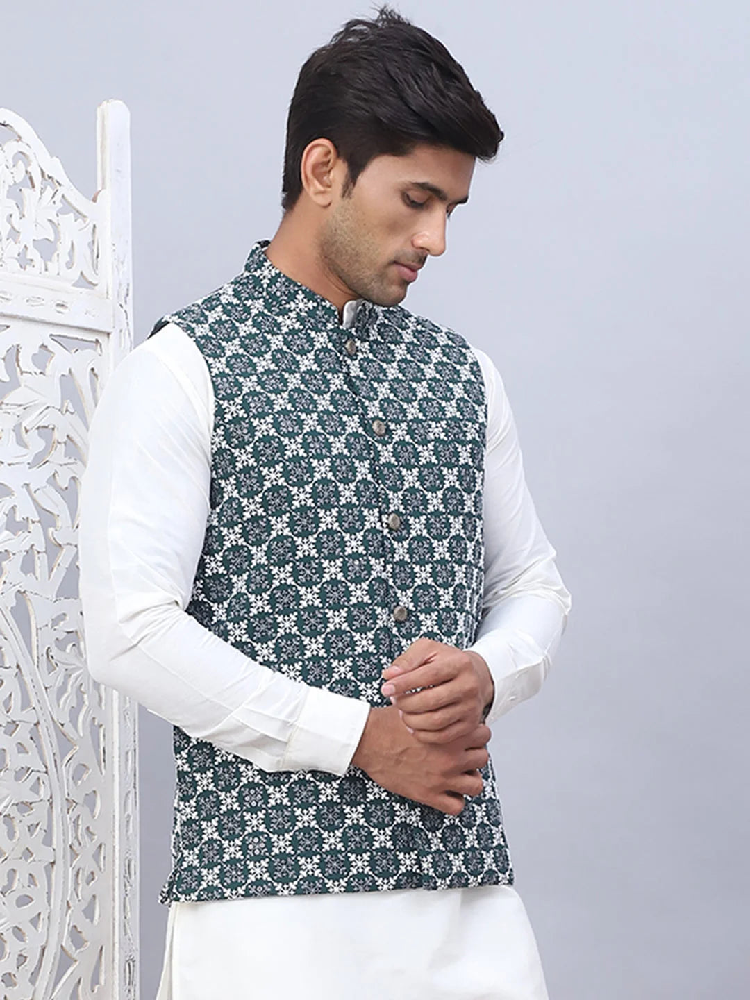 Olive Embroidered Cotton Nehru Jacket | Men's Ethnic Wear