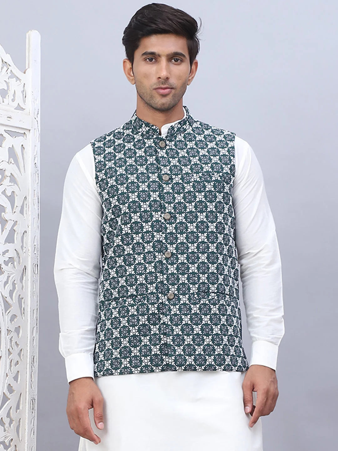 Olive Embroidered Cotton Nehru Jacket | Men's Ethnic Wear