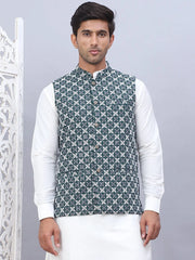 Embroidered Viscose Rayon Nehru Jacket-JOWC-4110Olive