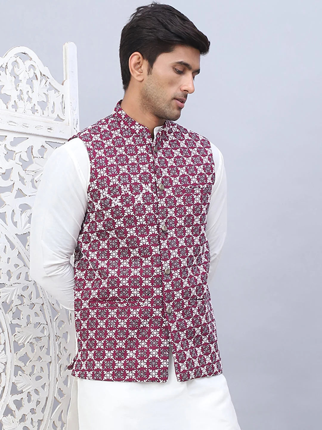 Purple Embroidered Viscose Rayon Nehru Jacket | Modi Jacket