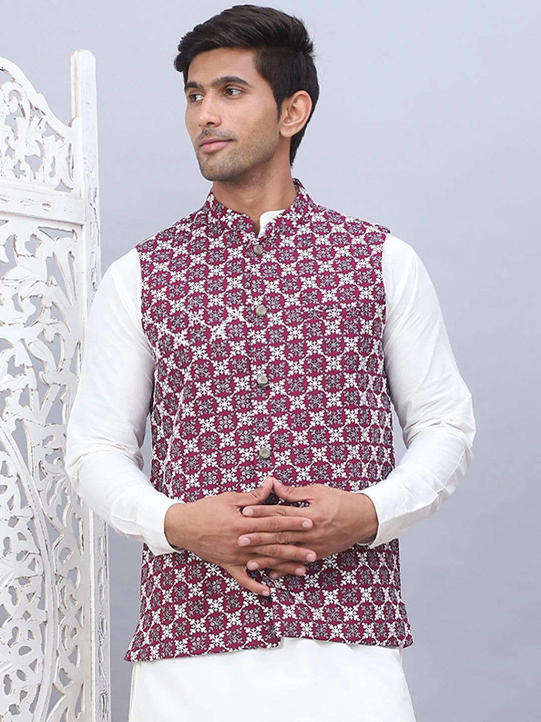 Purple Embroidered Viscose Rayon Nehru Jacket | Modi Jacket