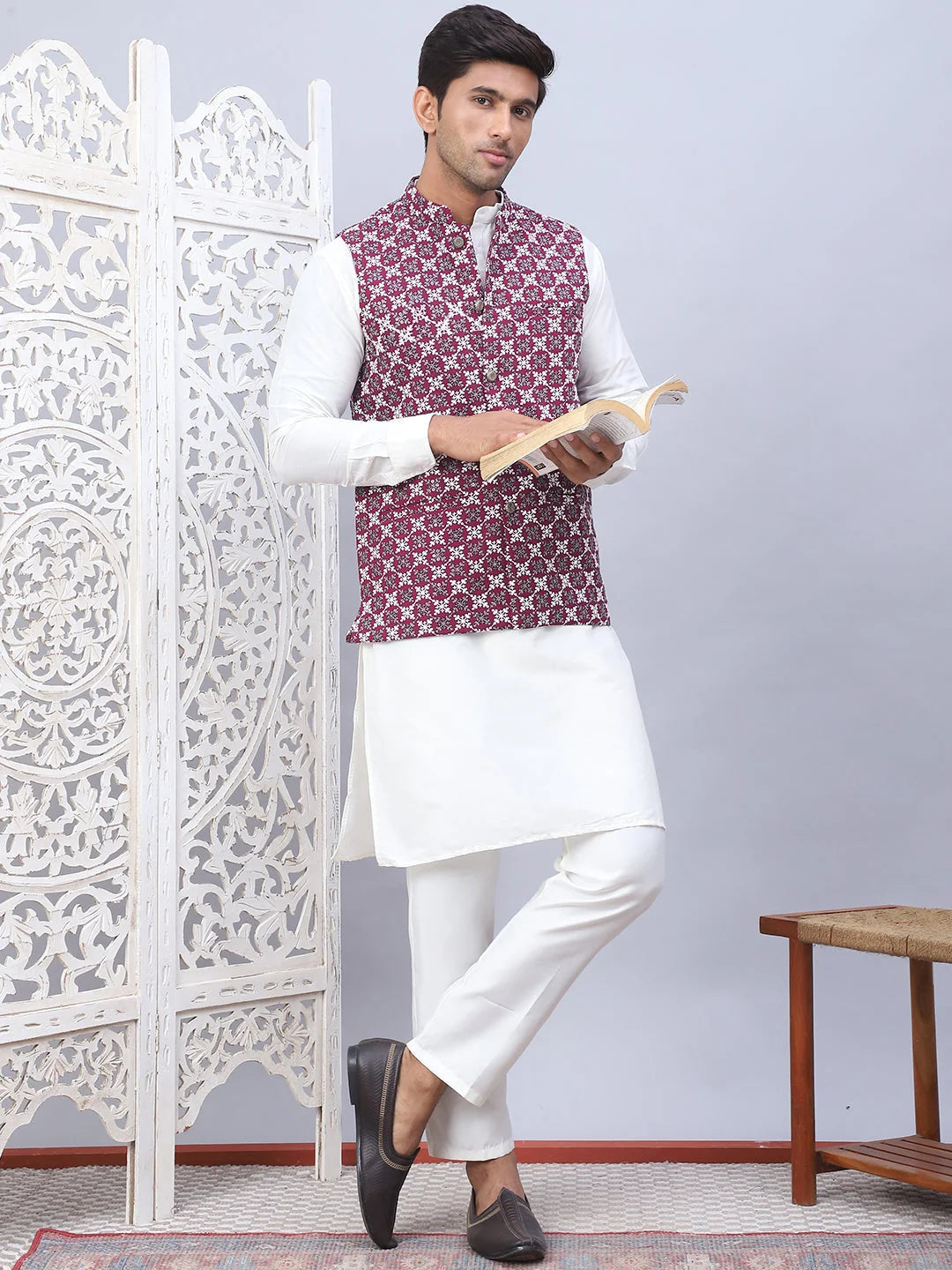 Purple Embroidered Viscose Rayon Nehru Jacket | Modi Jacket