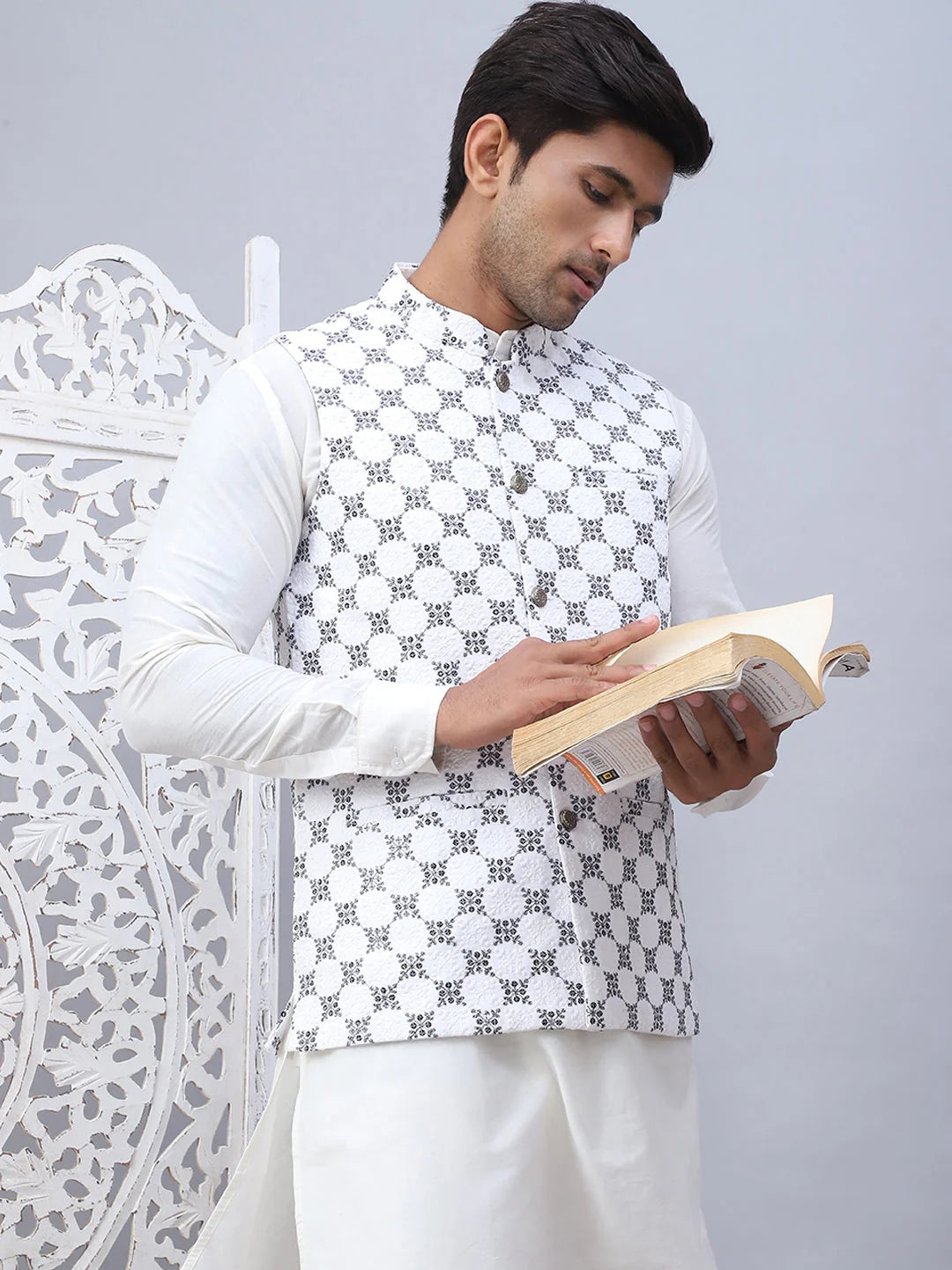 White Embroidered Viscose Rayon Nehru Jacket | Nehru Collar