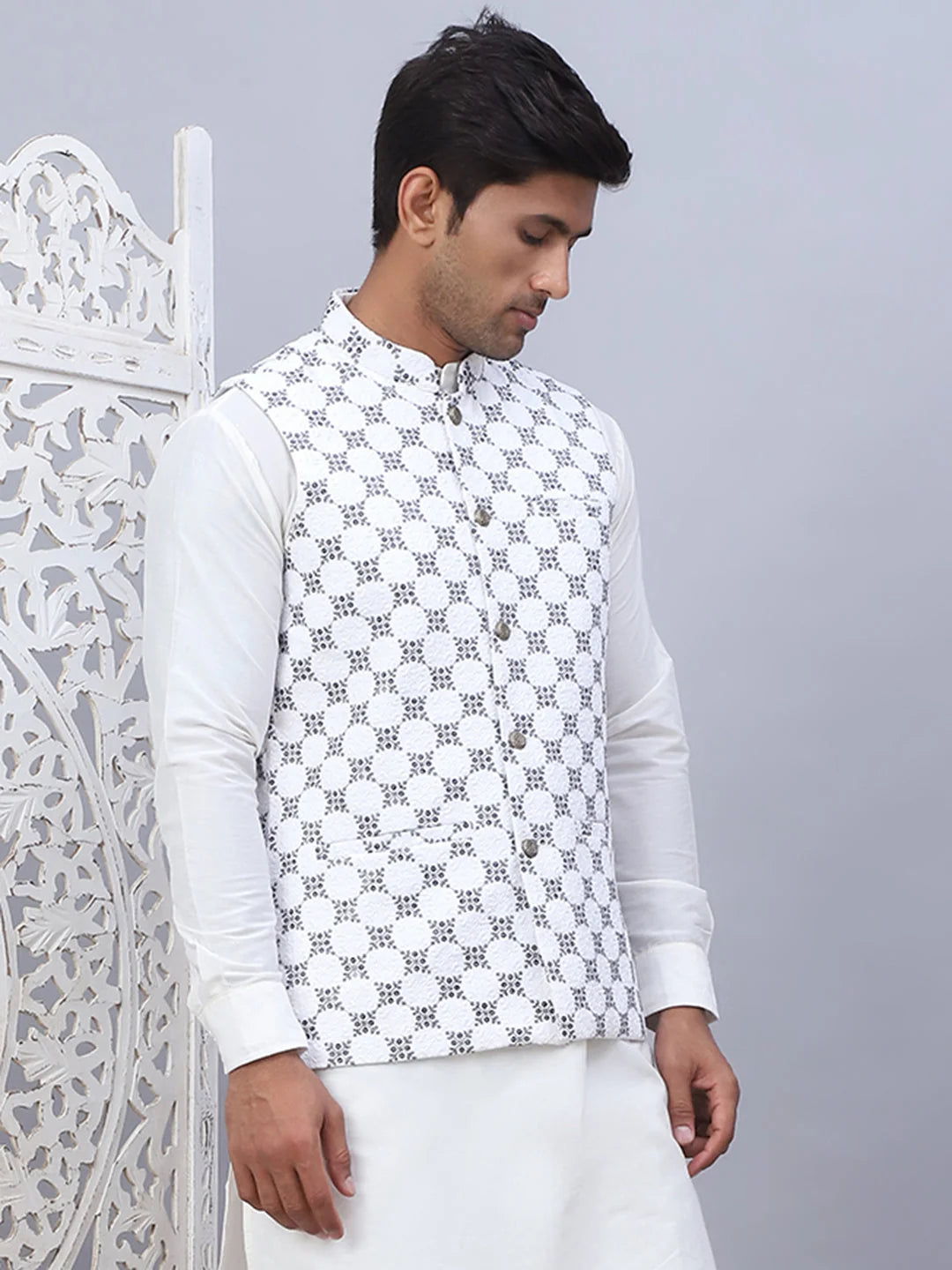 White Embroidered Viscose Rayon Nehru Jacket | Nehru Collar