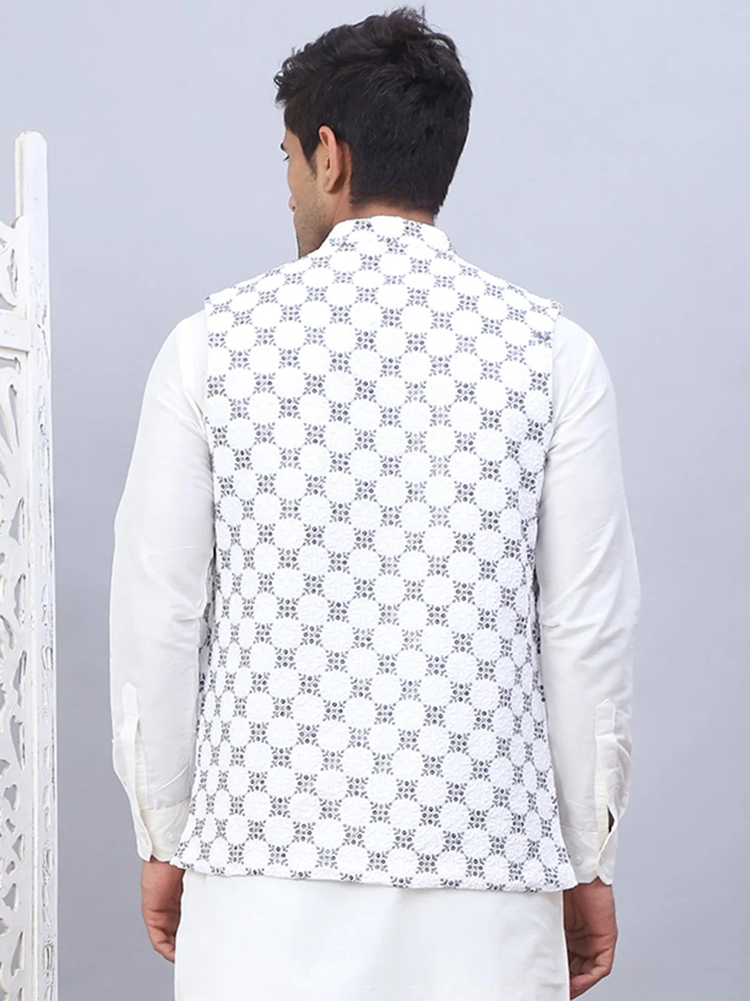 White Embroidered Viscose Rayon Nehru Jacket | Nehru Collar