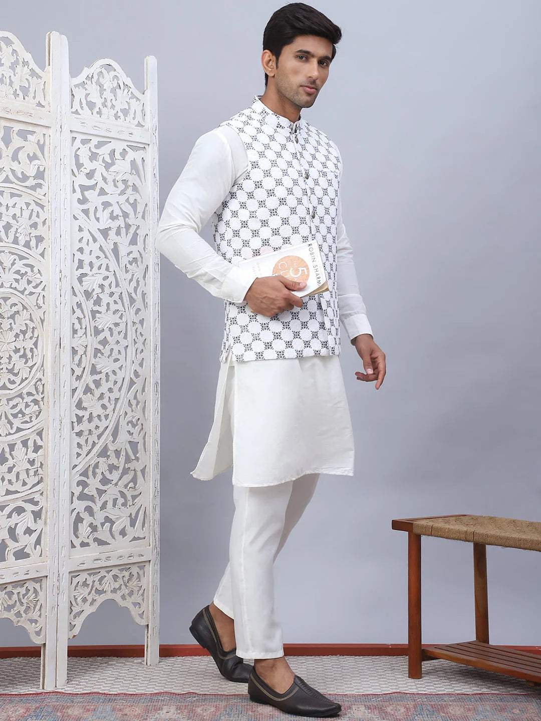 White Embroidered Viscose Rayon Nehru Jacket | Nehru Collar