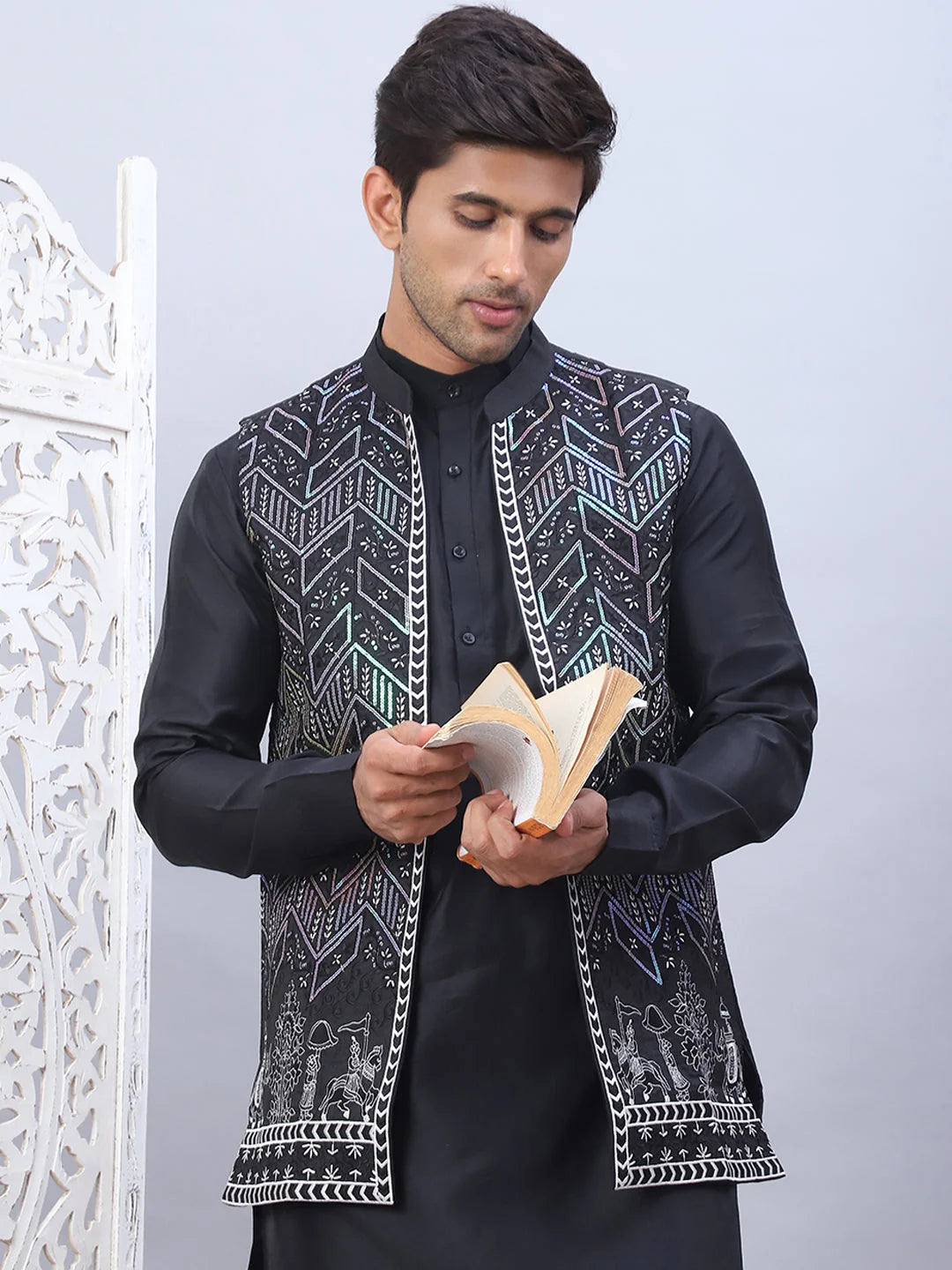 Embroidered Silk Blend Nehru Jacket-JOWC-4111Black