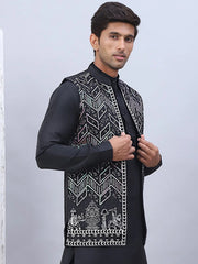 Embroidered Silk Blend Nehru Jacket-JOWC-4111Black