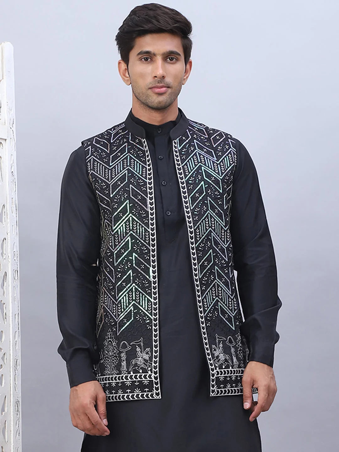 Black Embroidered Silk Blend Nehru Jacket | Ethnic Nehru Jackets