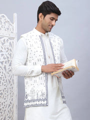 Embroidered Silk Blend Nehru Jacket-JOWC-4111White