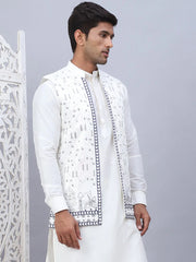 Embroidered Silk Blend Nehru Jacket-JOWC-4111White