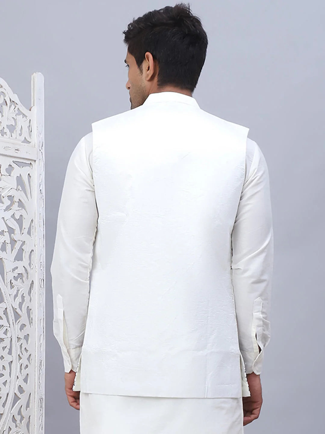 White Embroidered Silk Blend Nehru Jacket | Modi Jacket