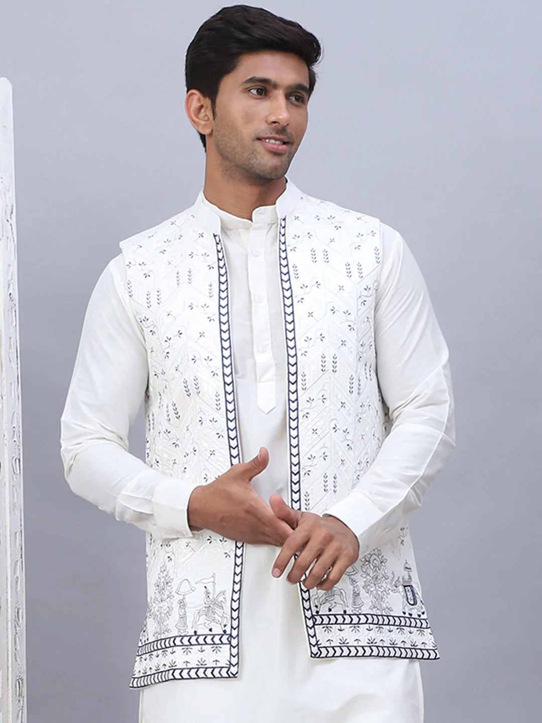 White Embroidered Silk Blend Nehru Jacket | Modi Jacket
