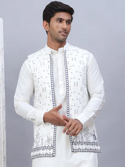 Embroidered Silk Blend Nehru Jacket-JOWC-4111White