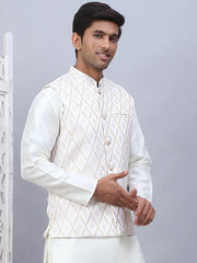 Embossed Silk Blend Nehru Jacket-JOWC-4112Cream
