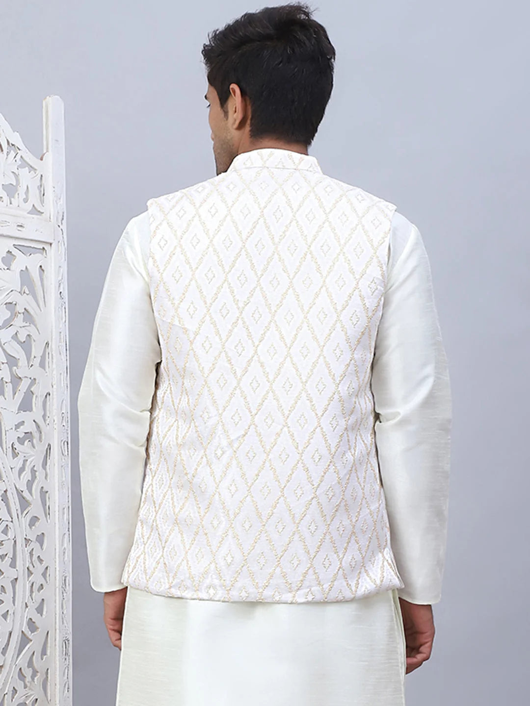 Cream Embossed Silk Blend Nehru Jacket | Men's Ethnic Wear