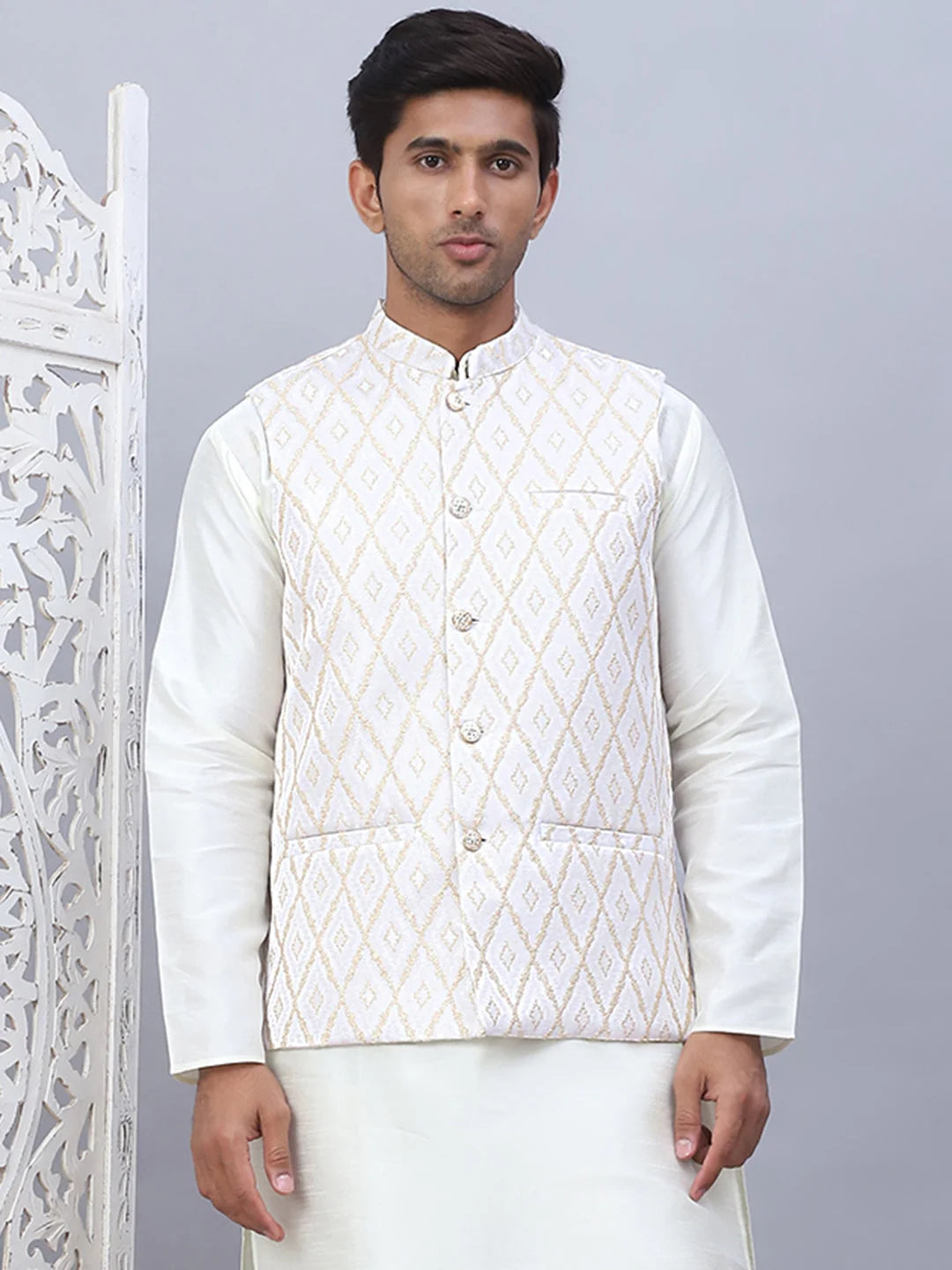 Cream Embossed Silk Blend Nehru Jacket | Men's Ethnic Wear