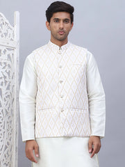 Embossed Silk Blend Nehru Jacket-JOWC-4112Cream
