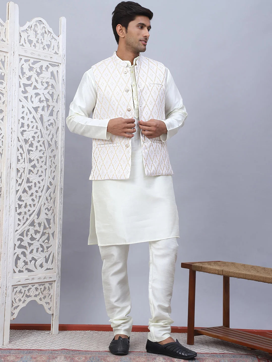 Cream Embossed Silk Blend Nehru Jacket | Men's Ethnic Wear