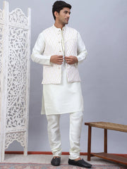 Embossed Silk Blend Nehru Jacket-JOWC-4112Cream