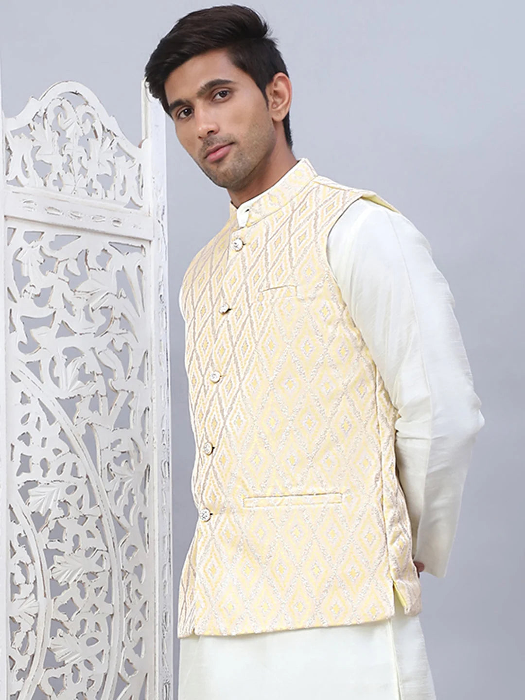 Golden Embossed Silk Nehru Jacket - Men's Ethnic Wear