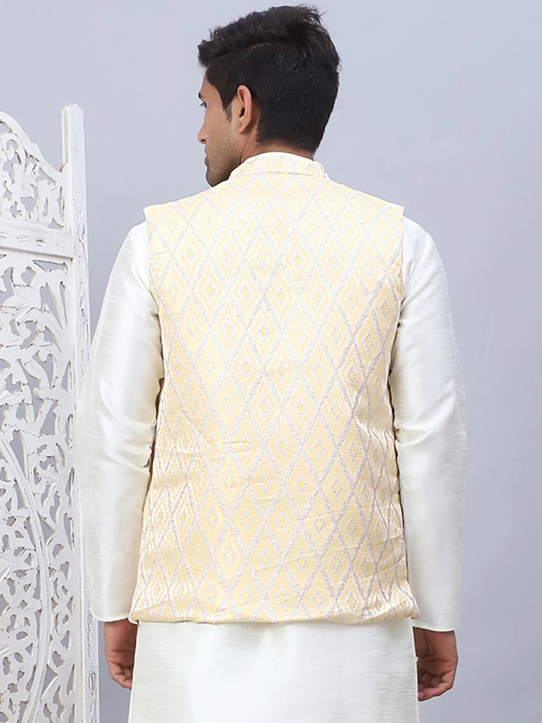 Golden Embossed Silk Nehru Jacket - Men's Ethnic Wear