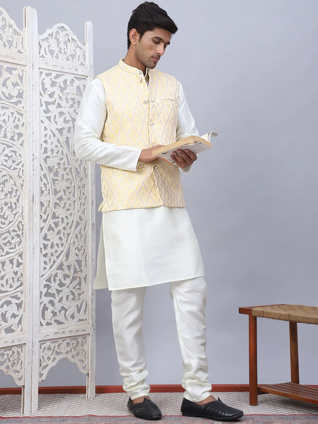 Golden Embossed Silk Nehru Jacket - Men's Ethnic Wear