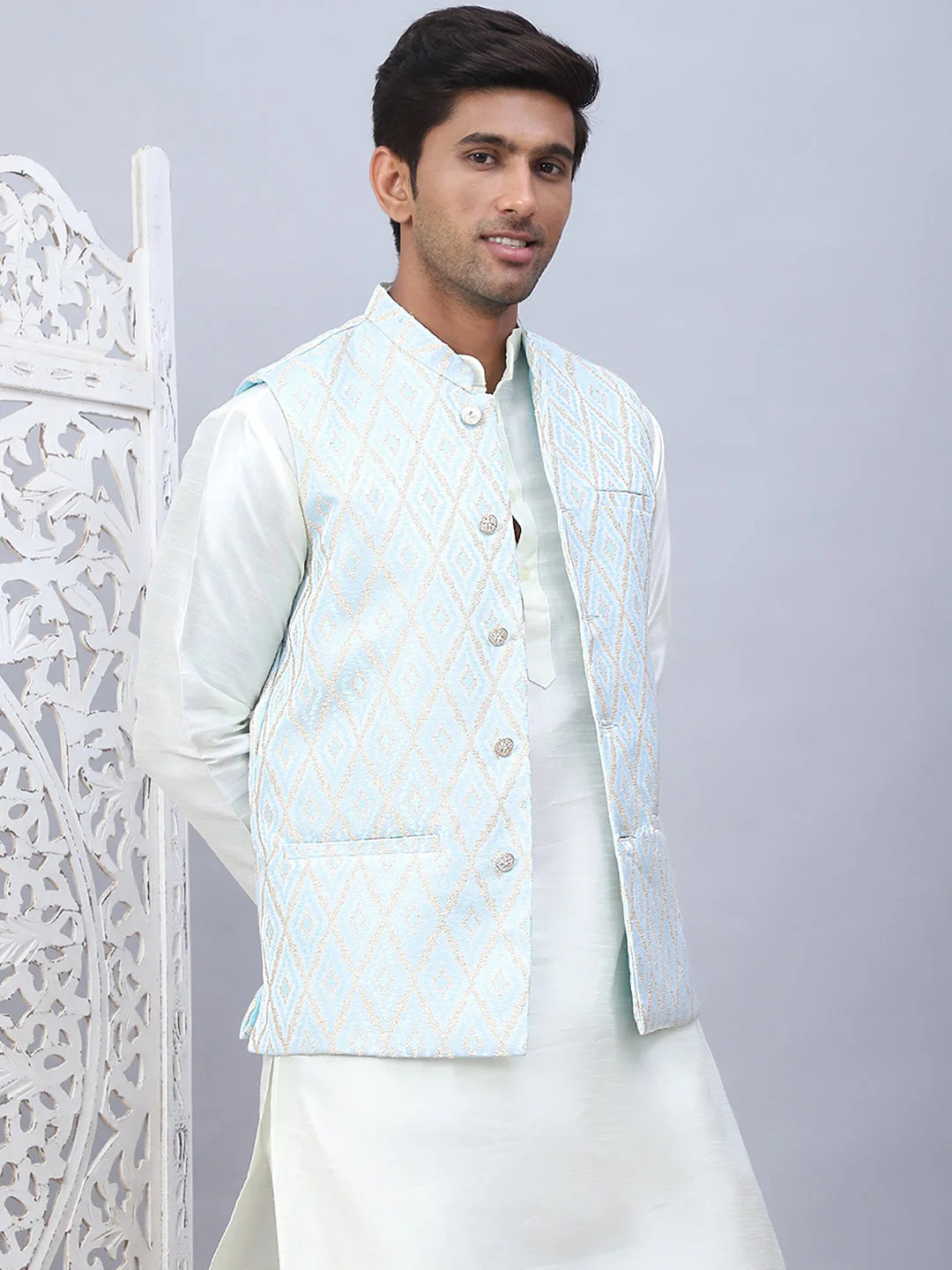 Sky Blue Embossed Silk Nehru Jacket - Nehru Jacket Wedding