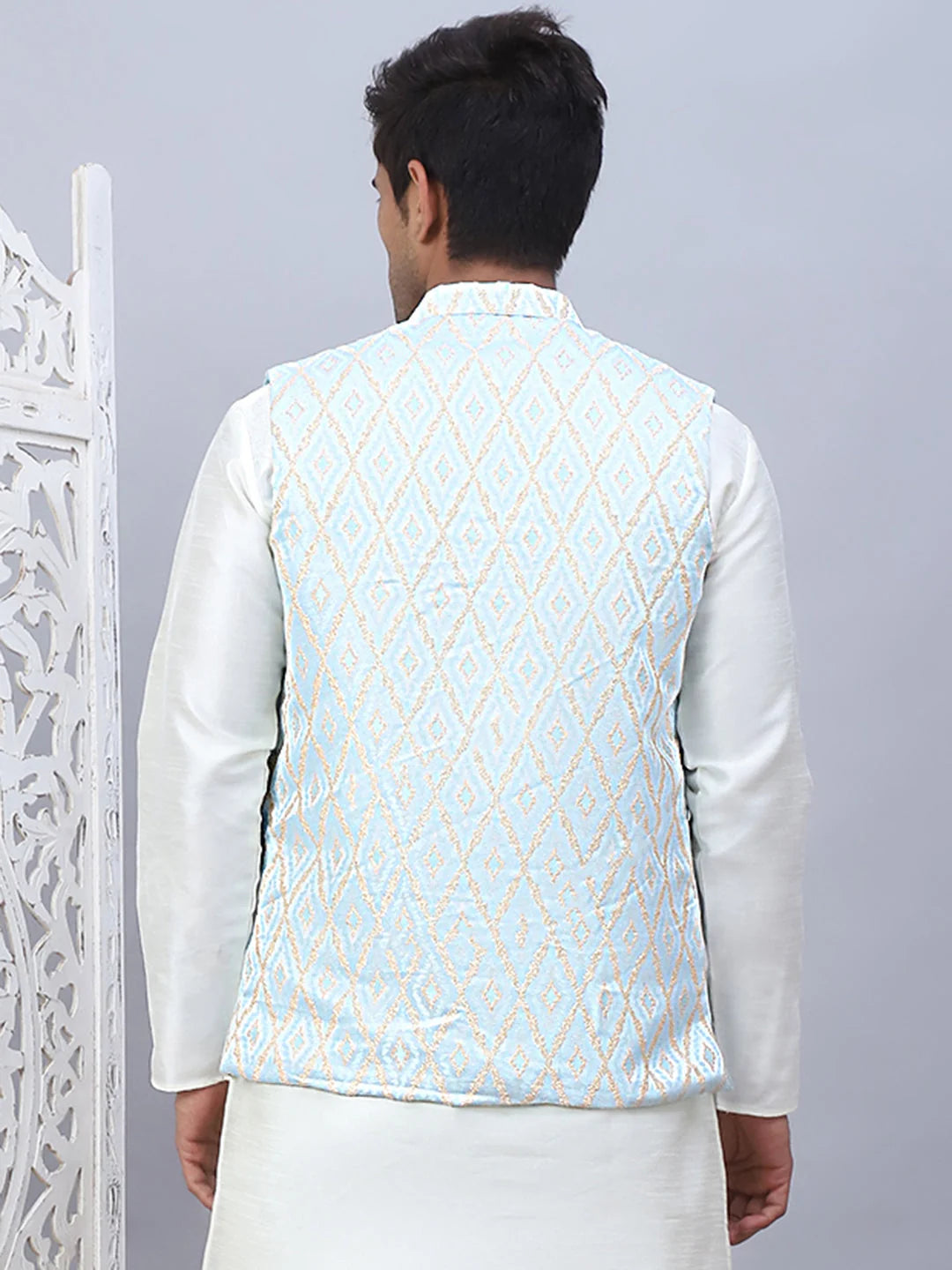 Sky Blue Embossed Silk Nehru Jacket - Nehru Jacket Wedding
