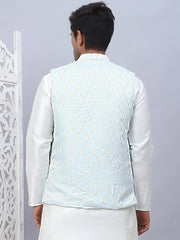 Embossed Silk Blend Nehru Jacket-JOWC-4112Sky