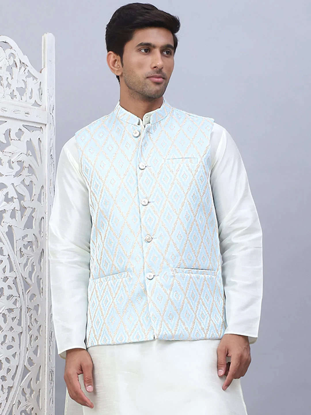 Sky Blue Embossed Silk Nehru Jacket - Nehru Jacket Wedding