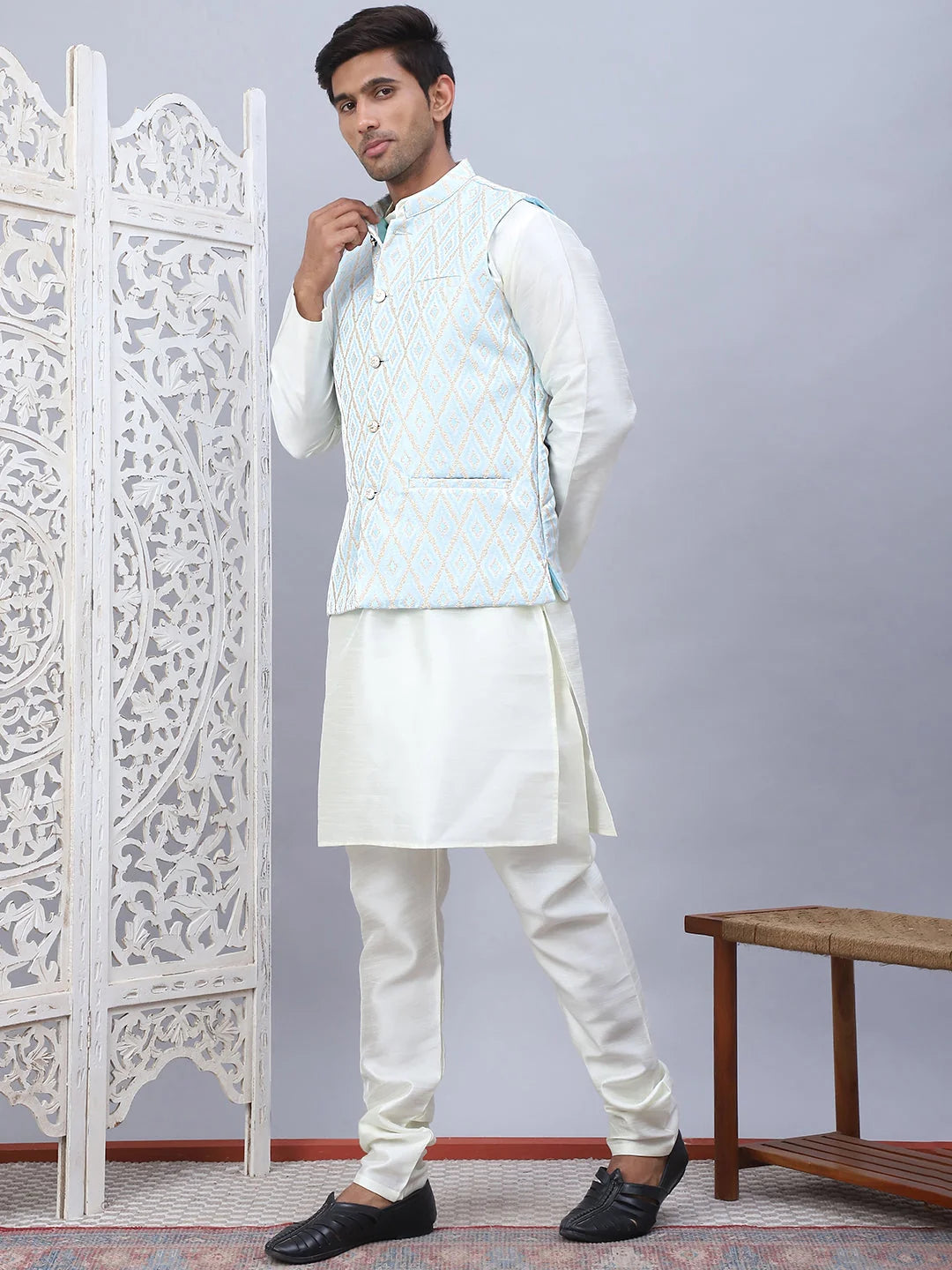 Sky Blue Embossed Silk Nehru Jacket - Nehru Jacket Wedding