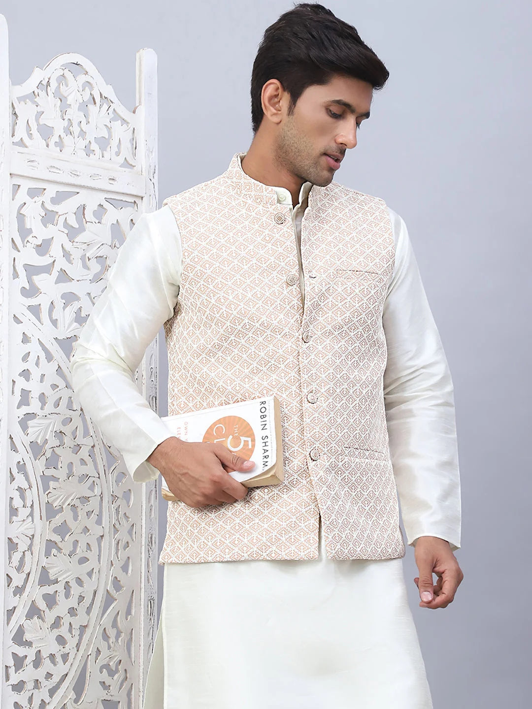 Beige Embroidered Nehru Jacket - Men's Ethnic Wear, Modi Jacket