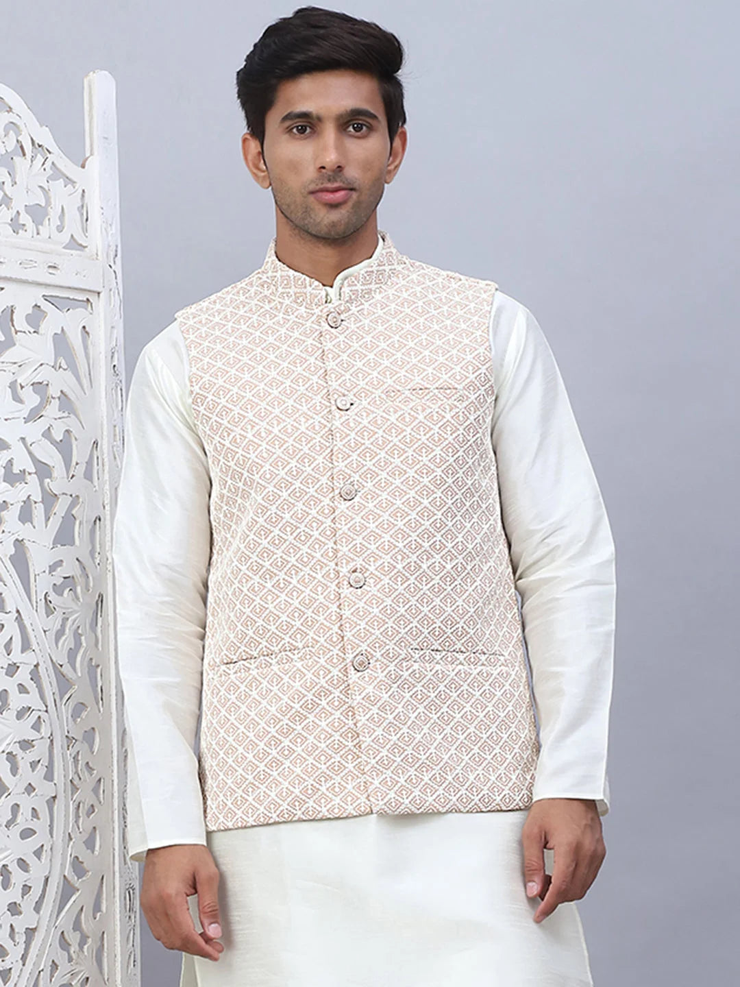 Beige Embroidered Nehru Jacket - Men's Ethnic Wear, Modi Jacket