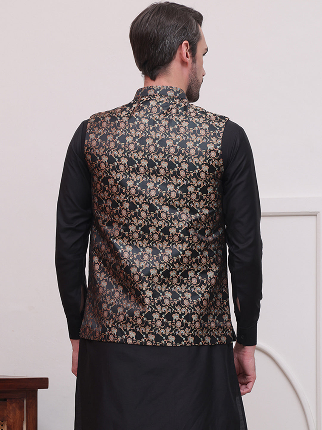 DesiQlo Men Woven Design Men Waistcoat Nehru Jacket - B - JOWC_4114Bla
