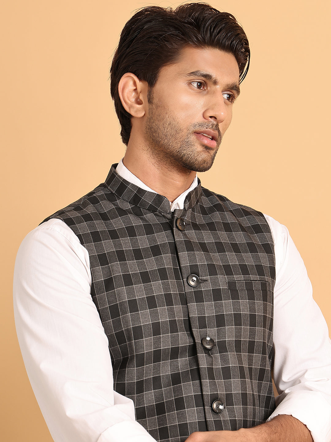 DesiQlo Men Checked Men Waistcoat Nehru Jacket - Grey