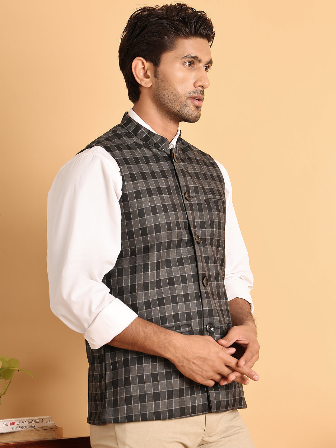 DesiQlo Men Checked Men Waistcoat Nehru Jacket - Grey
