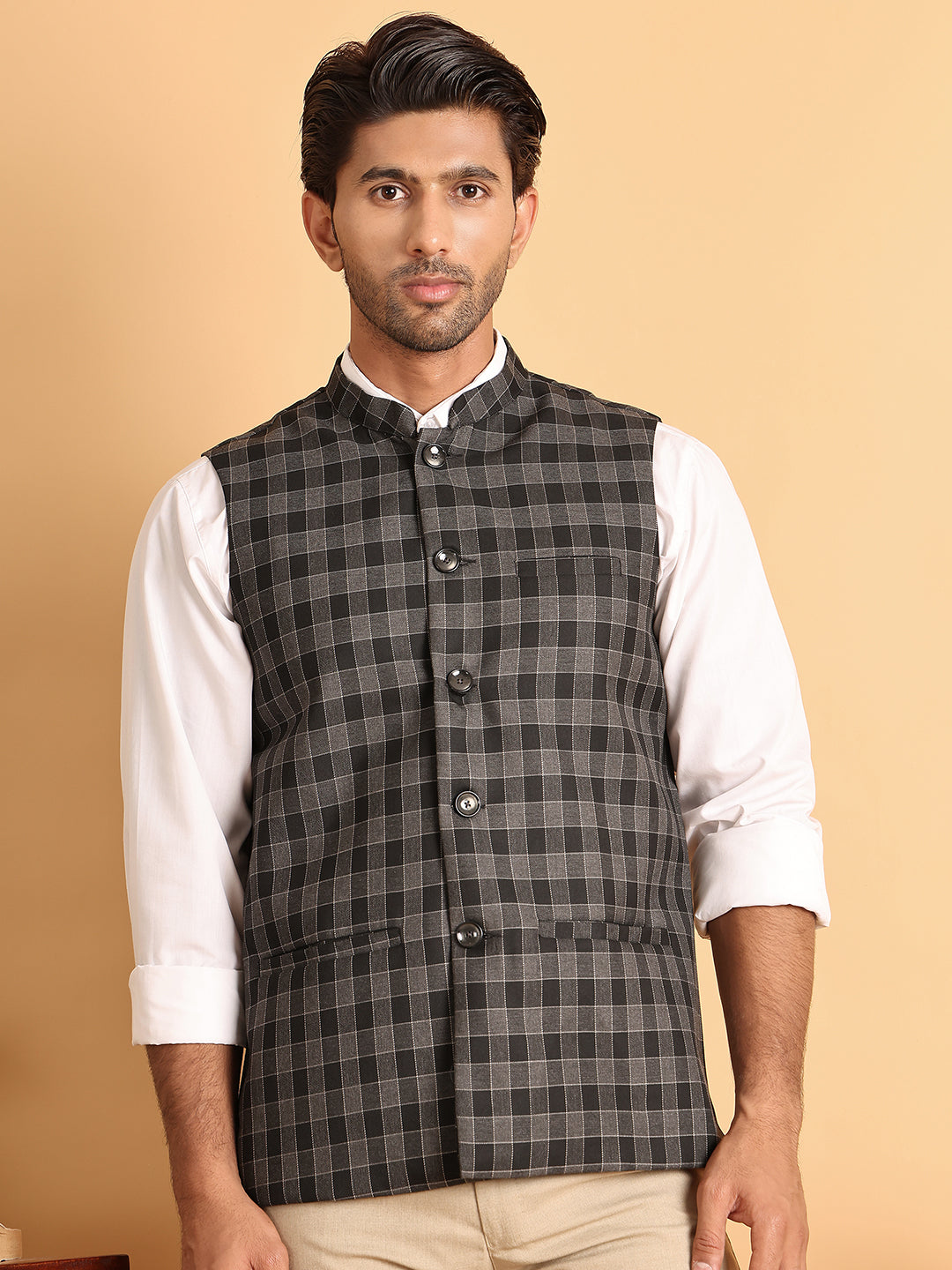 DesiQlo Men Checked Men Waistcoat Nehru Jacket - Grey