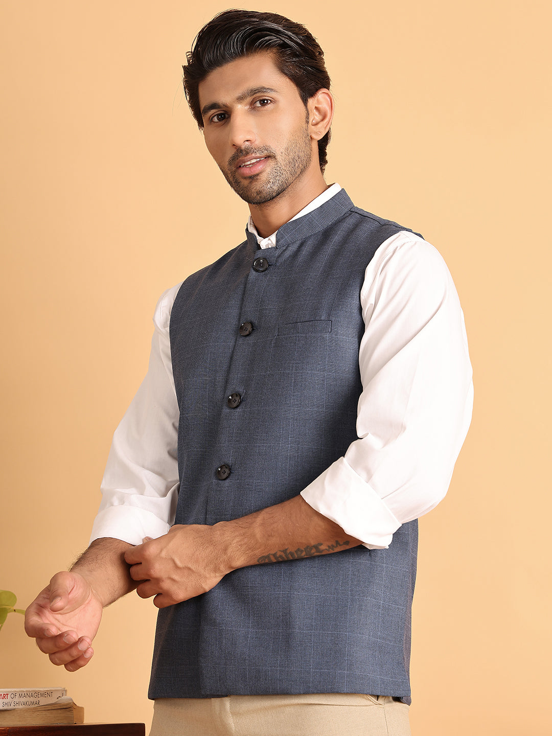 DesiQlo Men Checked Men Waistcoat Nehru Jacket - Blue