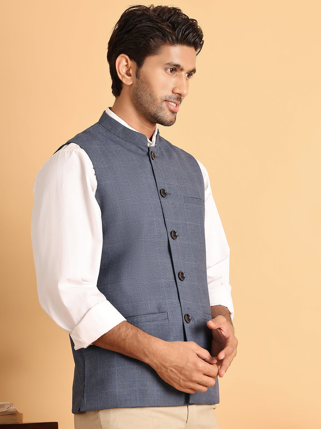 DesiQlo Men Checked Men Waistcoat Nehru Jacket - Blue